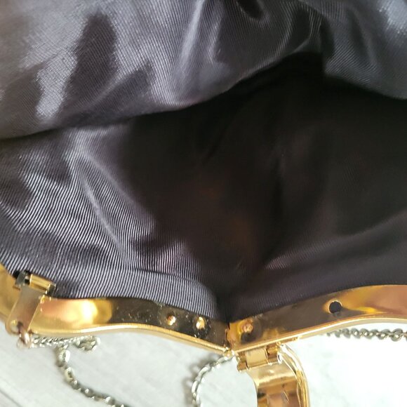 Vintage Black Leather Evening Clutch With Gold Chain & Clasp - Picture 5 of 7